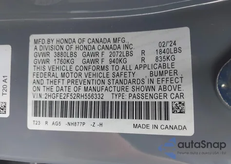 2024 Honda Civic Sport from USA, damaged, VIN 2HGFE2F52RH556332